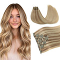 PINKPEARL Clip in Hair Extensions Real Human Hair #10/16/16 Golden Brown to Caramel Blonde Human Hair Clip in Hair Extensions 7pcs 120g 18inch Human Hair Extensios Clip ins(#10/16/16-18)