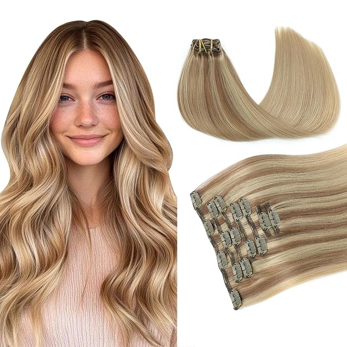 PINKPEARL Clip in Hair Extensions Real Human Hair #10/16/16 Golden Brown to Caramel Blonde Human Hair Clip in Hair Extensions 7pcs 120g 18inch Human Hair Extensios Clip ins(#10/16/16-18)