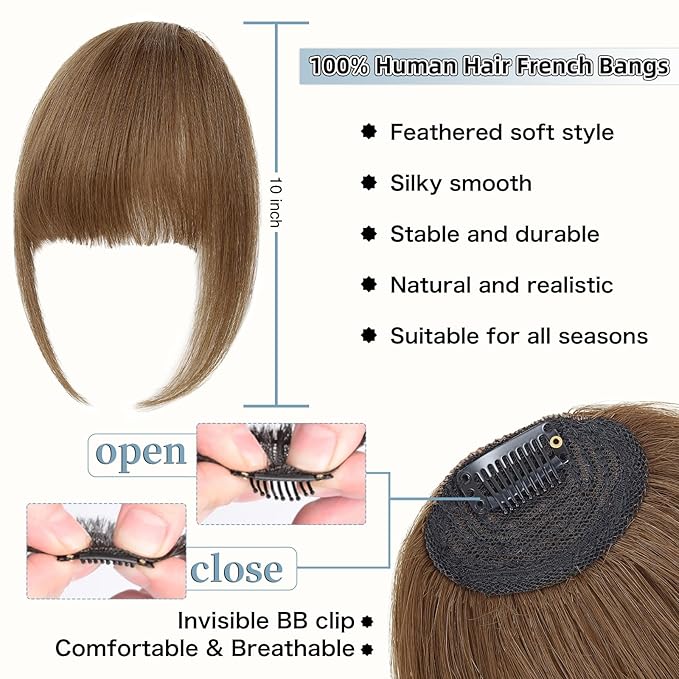 Clip In Bangs for Women, Moca Brown French Bangs Hair Clip with Temples, 100% Real Human Hair Layered Curved Fringe for Halloween and Daily Use(Moca Brown, French Bangs)