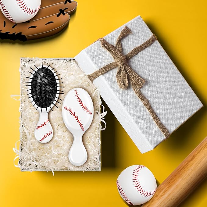 12 Pcs baseball Mini Detangler Brush, Mini Travel Hair Brush, Bristles Plastic Detangling Brush, No Tangle Soft Flexible Bristles for Straight, Curly, Thick Hair for baseballl Team Gift Sport Party