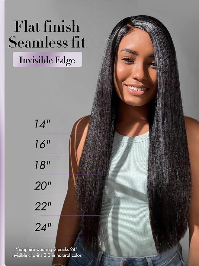 LUVME Invisible Clip in Hair Extensions, Yaki Straight Real Human Hair 20 Inch 2 Pack 220g 12pcs Clip ins Hair Extensions Natural Black for Women