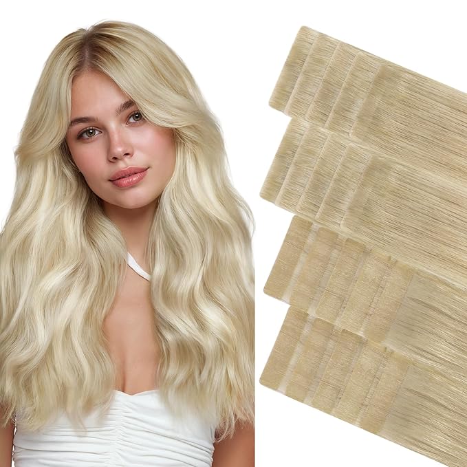 GOO GOO Invisi Edge Tape in Hair Extensions Human Hair, 18ET90A Natural Blonde Balayage10pcs injected with 10pcs classical tape ins, 20inch 50g, Virgin Remy Hair, Natural Look