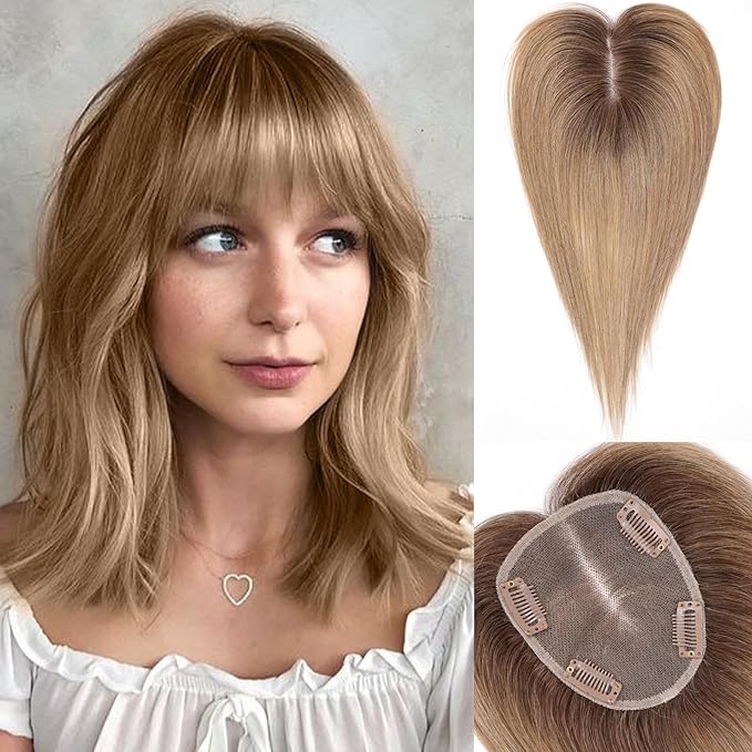 starluck Human Hair Toppers for Women with Thinning Hair, 14 Inch Real Hair Topper, Hand-moven 4.6x4 Inch SilkHug Swiss Lace Base Hairpiece, With Bangs (Ombre Light Brown)