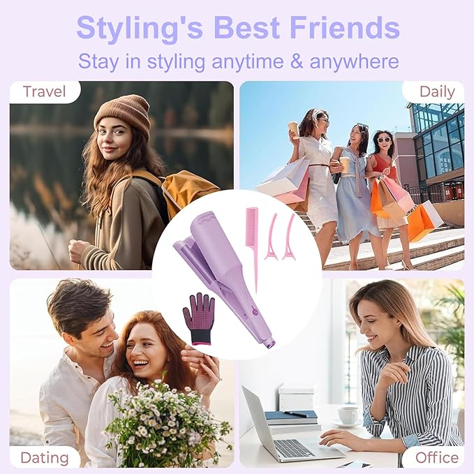 Waver Hair Crimper, 1.25 Inch Curling Wands with Ceramic 3 Barrels, 4 Temp Settings, Heat Resistant Glove, Fast Heating Crimper Hair Iron for Short and Long Hair (Purple)