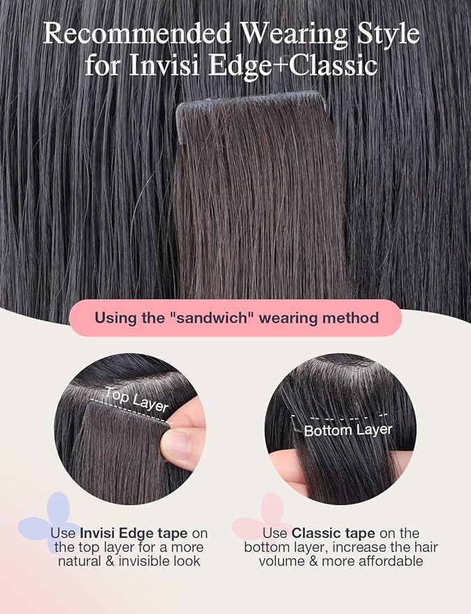 DOORES Injection Tape in Hair Extensions Human Hair Invisi Edge, Dark Brown to Chestnut Brown 20 Injection Tape-ins with 20 Classic Tape-ins 100g 18 Inch, Human Tape in Extensions