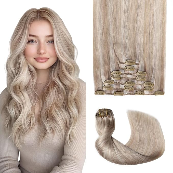 Pro2.0 Clip in Hair Extensions Real Human Hair 120g Thick 7pcs Color #18p1000 Ash Blonde with Bleach Blonde Remy Real Human Hair Extensions Clip ins 14inch Double Weft（#18P1000-14inch）
