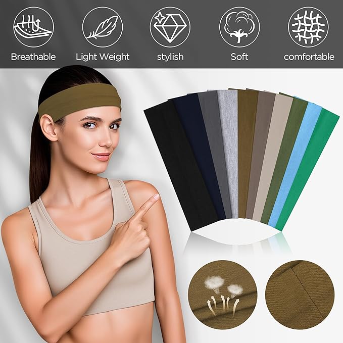 10 PCS Headbands for Women - Fashion Non Slip Cotton Headbands for Women and Men Perfect for Sports and Outdoor Activities in Summer,Including Running, Yoga, Cycling, Gym Workouts