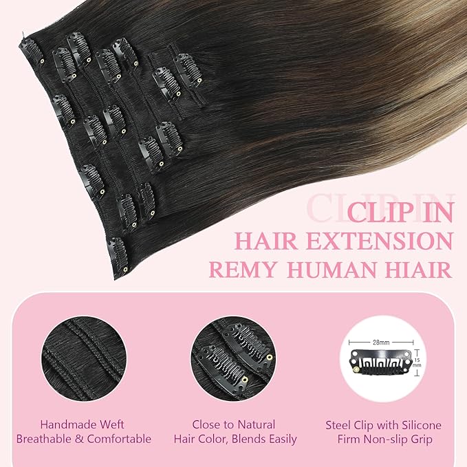 PINKPEARL Clip in Hair Extensions Real Human Hair #1B/4/27 Balayage Natural Black to Chocolate Brown and Caramel Blonde Clip in Hair 7pcs 120g 18inch Human Hair Extensios Clip ins(#1B/4/27-18)