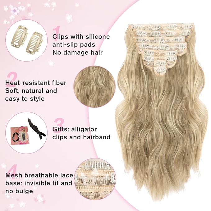 Hair Extensions for Women, 8PCS 16 Inch Ash Blonde Mixed Light Blonde Clip in Hair Extensions Clip Ins, Synthetic Wavy Full Head Thick Hairpieces for Women