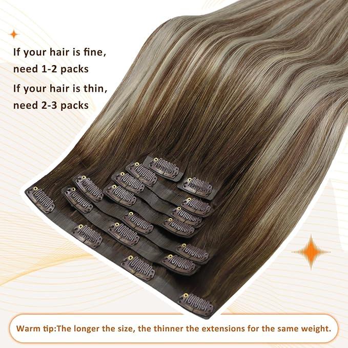 Full Shine Ombre Clip in Hair Extensions Human Hair Light Blonde Mix Light Brown Seamless Human Hair Clip in Extension for Short Hair Thick Ends 12 Inch 8 PCS 95 G