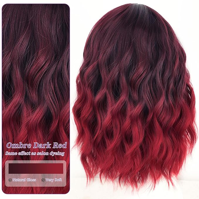 AISI HAIR Synthetic Wavy Curly Bob Wig with Bangs Ombre Dark Red Short Hair Wigs for Women Synthetic Heat Resistant Bob Wigs