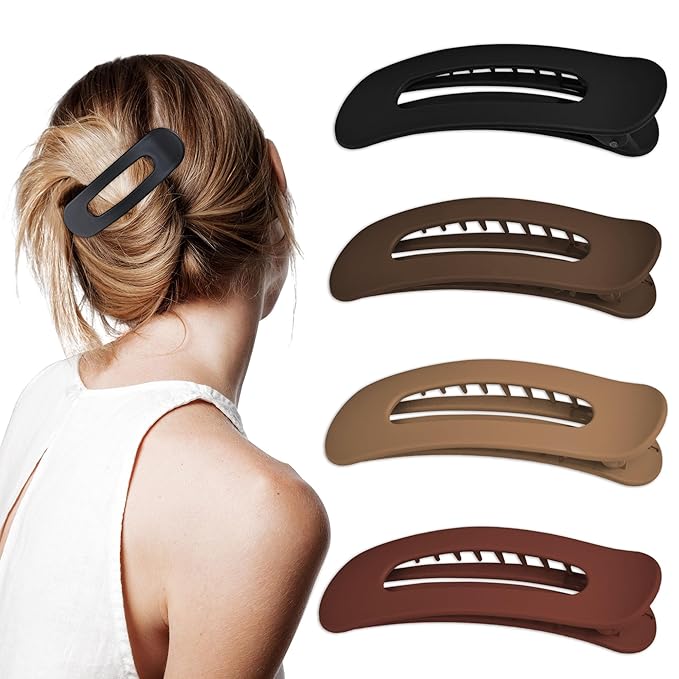 4 Pcs Flat Hair Clips for Women - Large Matte Flat Claw Clips for Thin Hair, Stylish Hair Accessories for Daily Styling, Matte Series (Deep Red, Black, Coffee, Dark Brown)