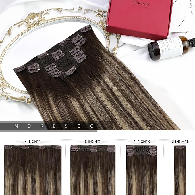 Moresoo Human Hair Clip in Extensions Balayage Dark Brown to Caramel Blonde with Dark Brown Remy Hair Extensions Clip in Straight Full Head 120g/7pcs 18 inch