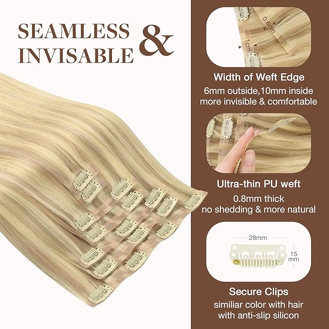 GOO GOO Clip in Hair Extensions Real Human Hair, Remy Human Hair Extensions Clip ins for Women, Natural Human Hair, 22inch 150g 7Pcs, 18D/22F Dirty Blonde Highlights