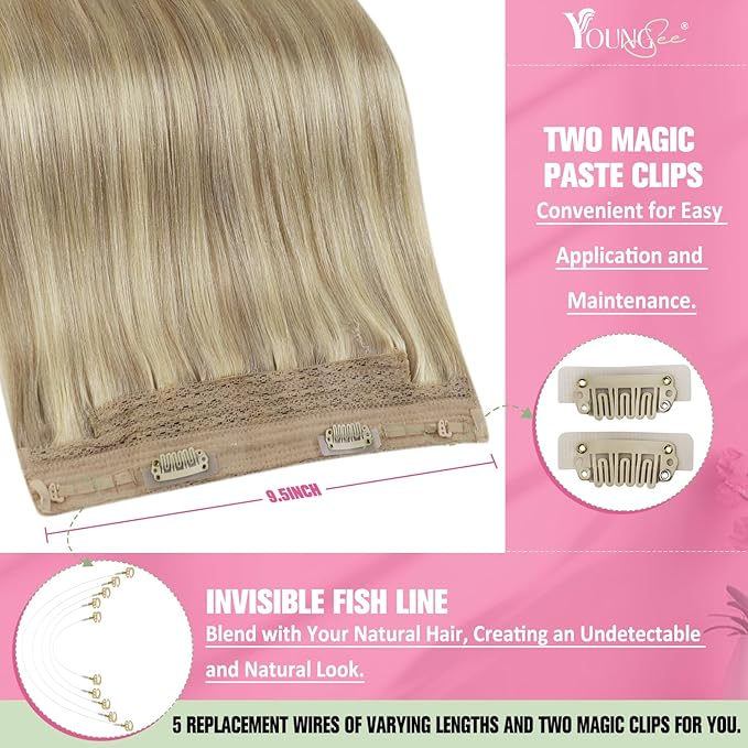 YoungSee Invisible Wire Hair Extensions Blonde Highlight Wire Hair Extensions Real Human Hair Golden Blonde Highlights Light Blond Human Hair Fish Line Extensions for Women 14In 80G