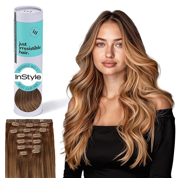 Irresistible Me Real Human Hair Extensions Clip Ins – 100% Human Hair Clip In Extensions for Length & Volume – Invisible Extension – Heat Resistant & Dyeable – Caramel Balayage, 24 Inches