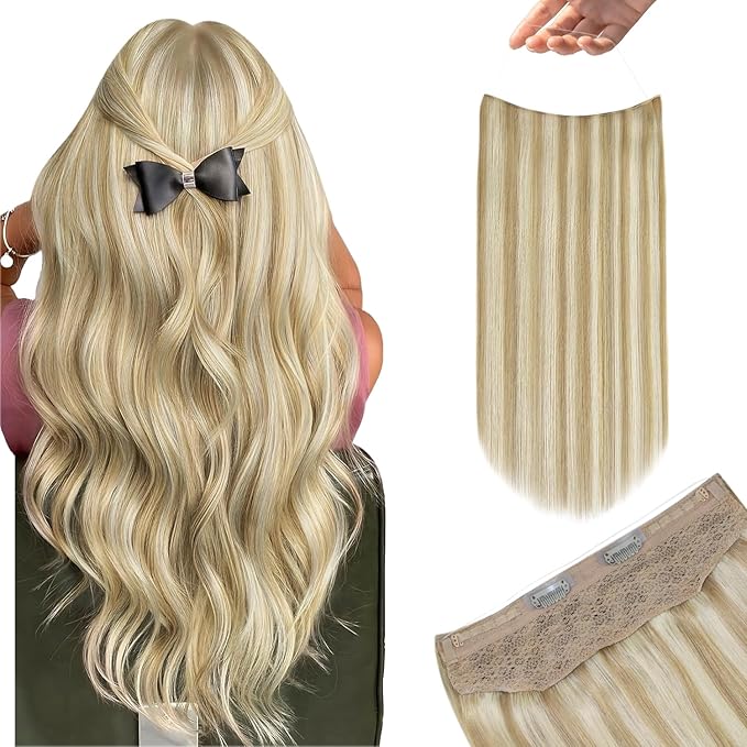 YoungSee Wire Human Hair Extensions Balayage Wire Hair Extensions Real Human Hair Ombre Medium Brown to Caramel Blonde with Brown Fish Line Remy Hair Extension 14 Inch 70g