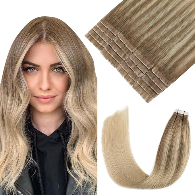 Pinkpearl Invisible Tape in Hair Extensions Human Hair, 20pcs 14inch 40g #8T60 Balayage Ash Brown to Platinum Blonde Injection Tape in Extensions Real Remy Seamless Human Hair Injected