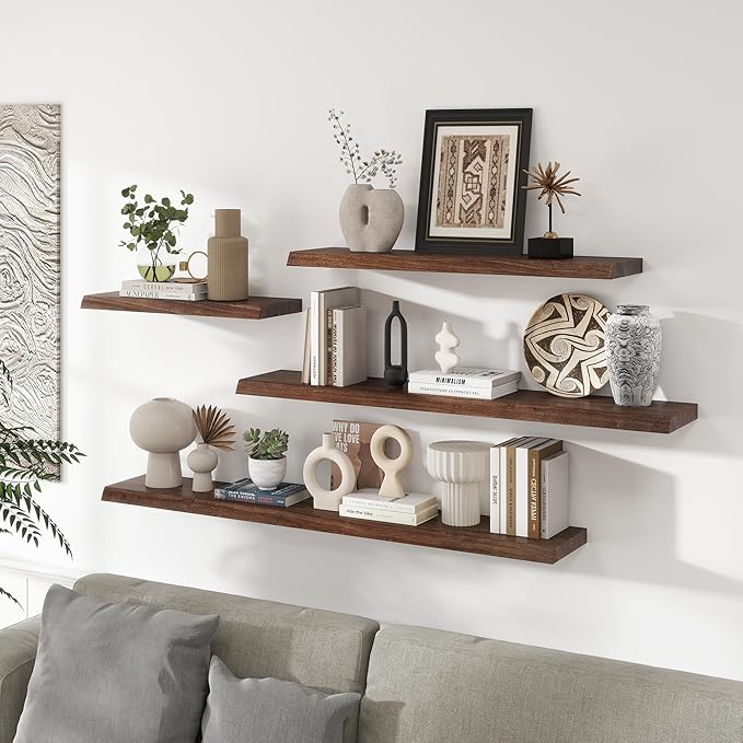 RICHFOCUS Live Edge Elm Floating Shelves - 36" W x 9.3" D Rustic Solid Wood Wall Shelves with Invisible Bracket, Wall-Mounted for Living Room, Bedroom, Kitchen Storage & Display, Set of 2, Walnut