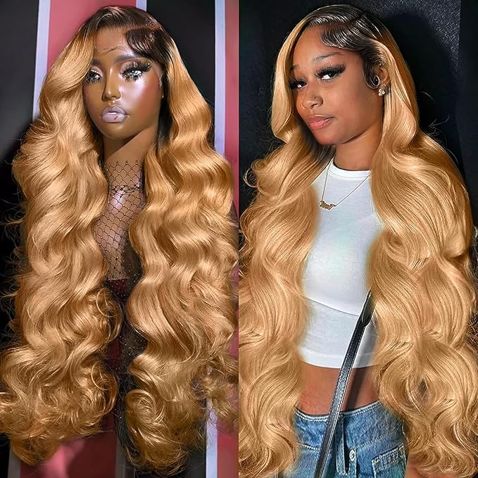 Honey Blonde Lace Front Wigs Human Hair 13x6 Ombre HD Transparent Lace Frontal Wig 12A Body Wave 1B/27 Highlight Lace Front Wigs Glueless Human Hair Wigs for Women Pre Plucked with Baby Hair