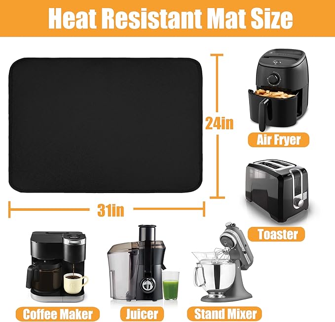 Air Fryer Mat for Air Fryer, 24 x 31in Heat Resistant Mat for Countertop, Fireproof Silicone Countertop Protector Appliance Slider for Air Fryer, Coffee Maker, Toaster, Oven (Black)