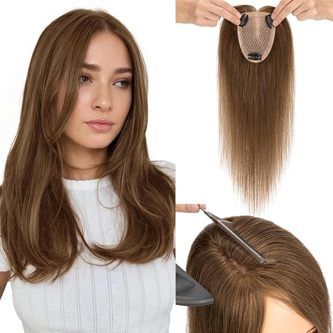 Hairro Human Hair Toppers Free Parted, 3.5x4.7" Base Hand-wovened 100% Real Hairpieces, with Invisible Clips-in for Women, for High Hairline/Adding Volume on Top, 10 Inch Mocha Brown