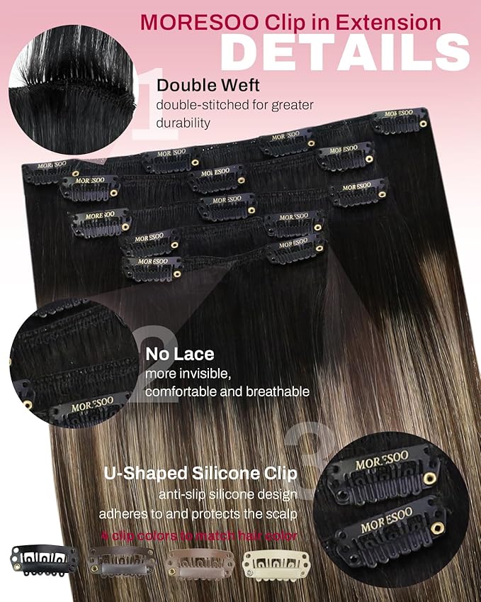 Moresoo Clip in Hair Extensions Real Human Hair Balayage Black to Brown with Dark Blonde Remy Straight Invisible Double Weft Ombre Human Hair Clip in Extensions 5pcs 80g 18inch