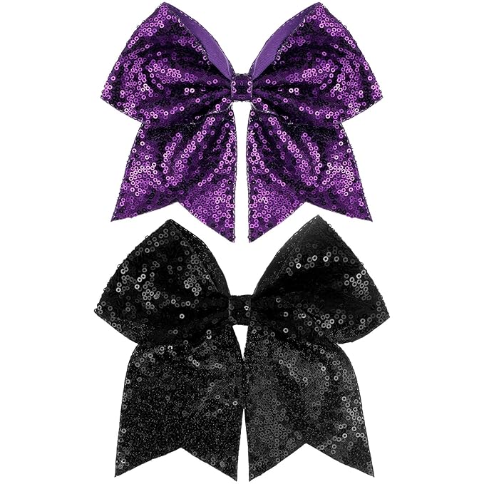 Large Big 7 Inch Glitter Bow Clip Sequin Bling Party Hair Accessories for Women Teens Girls Kids 2 Pcs (DarkPurple, Black)