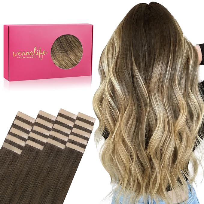 WENNALIFE Tape in Hair Extensions Human Hair, 20pcs 18 inch 50g Ombre Walnut Brown to Ash Brown and Bleach Blonde Remy Tape Hair Extensions Real Human Hair Tape Extensions Coloured Hair Extensions