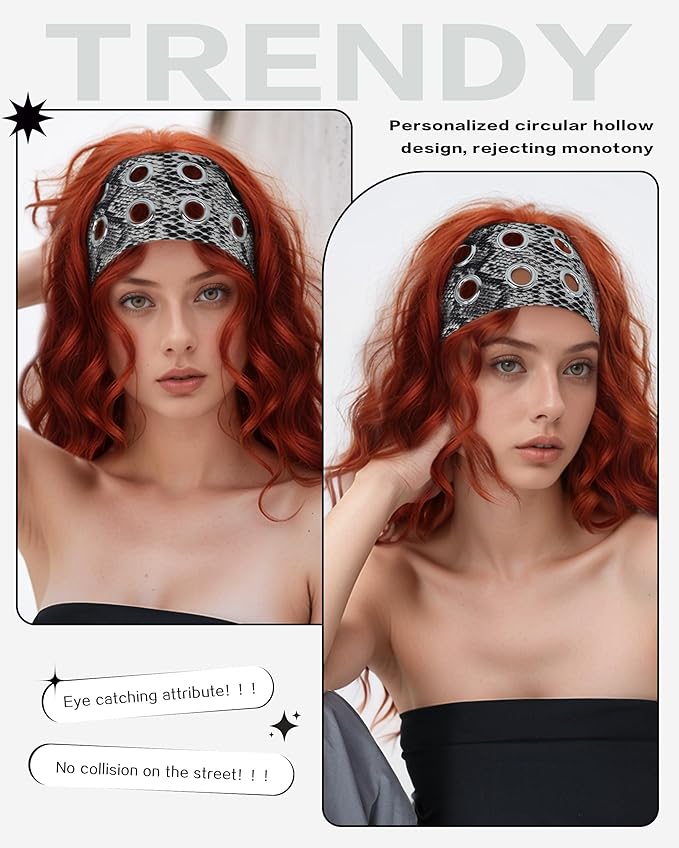 Grommet Headband for Women, Grey Snake 23cm Hollow Out Elastic Hair Band, Eyelets Punk Grunge Stylish Hairband
