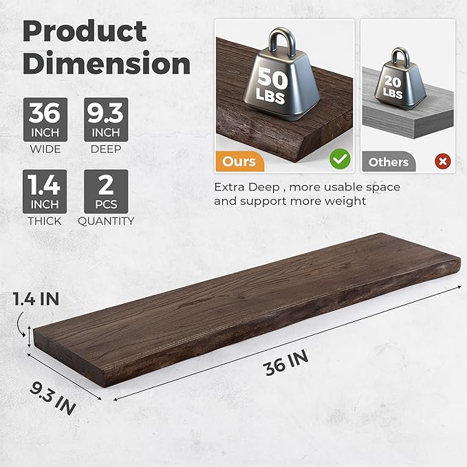 RICHFOCUS Live Edge Elm Floating Shelves - 36" W x 9.3" D Rustic Solid Wood Wall Shelves with Invisible Bracket, Wall-Mounted for Living Room, Bedroom, Kitchen Storage & Display, Set of 2, Walnut