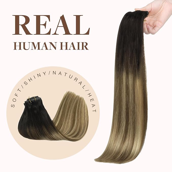 GOO GOO Clip in Hair Extensions Real Human Hair, Remy Human Hair Extensions Clip ins for Women, Natural Human Hair, 20inch 150g 7Pcs, 2/6/18 Balayage Brown to Dirty Blonde