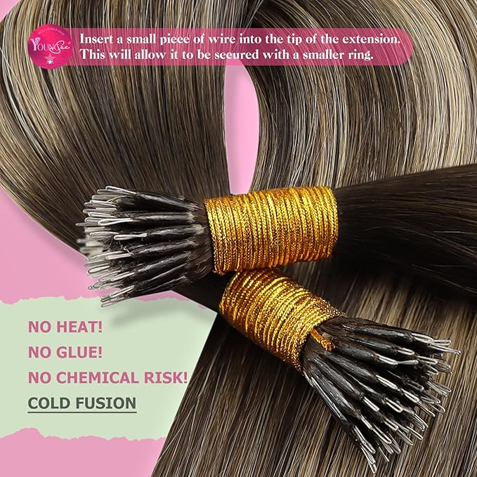 YoungSee Nano Ring Hair Extensions Brown Ombre Nano Extensions Human Hair Balayage Dark Brown with Caramel Blonde Nano-Bead Hair Extension Human Hair 14 Inch Nano-tip Remy Hair Extension 50G/S
