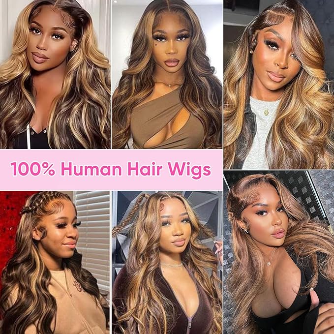 Honey Blonde Ombre 13x6 Lace Front Wig Human Hair 210 Density Highlight Body Wave Lace Front Wigs Human Hair Pre Plucked Glueless Lace Frontal Wig for Women 4/27 Colored 20Inch
