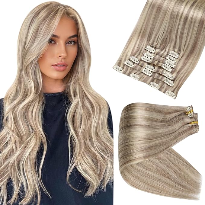 Full Shine Clip in Hair Extensions Ash Blonde Highlight Bleach Blonde Seamless Clip in Human Hair Extensions 16 Inch Human Hair Extensions With Highlights PU Clip in Extension 120 Grams 8 Pcs