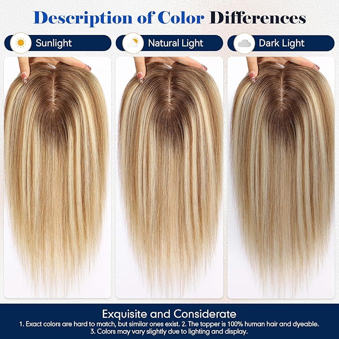 HAIRCUBE Hair Toppers For Women With Thinning 5"*5" Large Base Real Hair Toppers For Women, 14 Inch For Hand-Woven, 60g, Silk, Natural, realistic, Use Daily, Hairloss, Blonde Mixed Brown, No Bangs