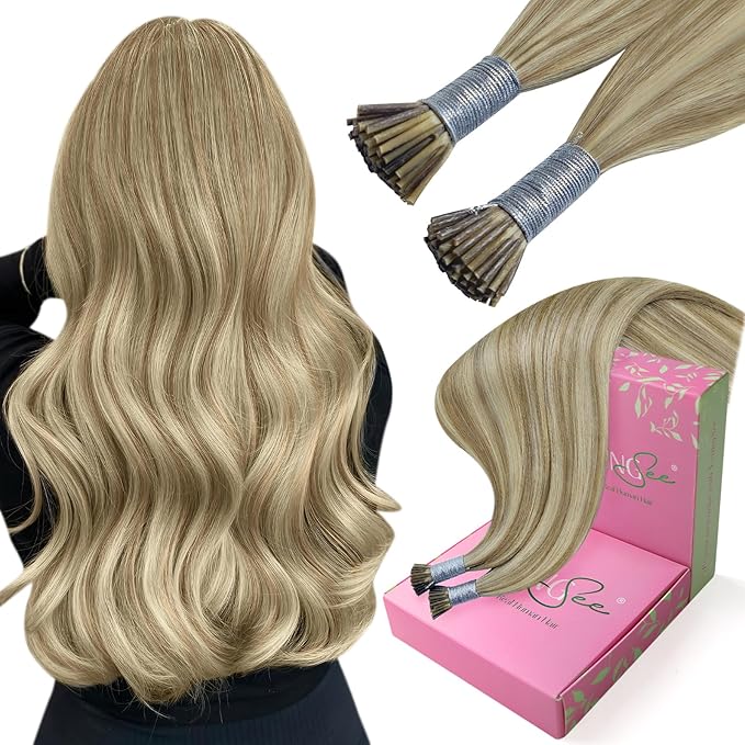 YoungSee I Tip Extensions Brown Highlight Itip Human Hair Extensions Light Brown Highlights Blonde I Tip Hair Extensions Human Hair 14 Inch 80s 50g I-Tips Extension Real Human Hair For Short Hair