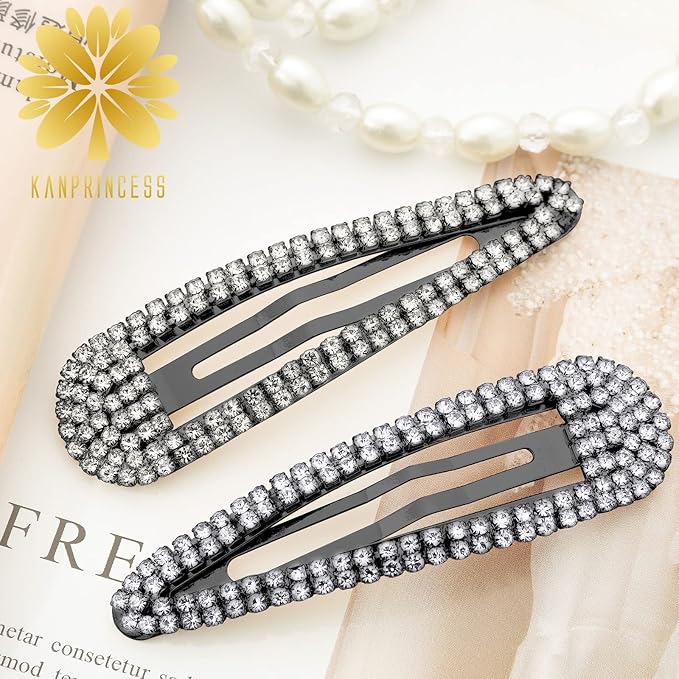 2Pcs 2.4Inch Rhinestone Snap Hair Accessories, Barrettes for Women, Girls, Bridal, Wedding, Party, Prom (Black)