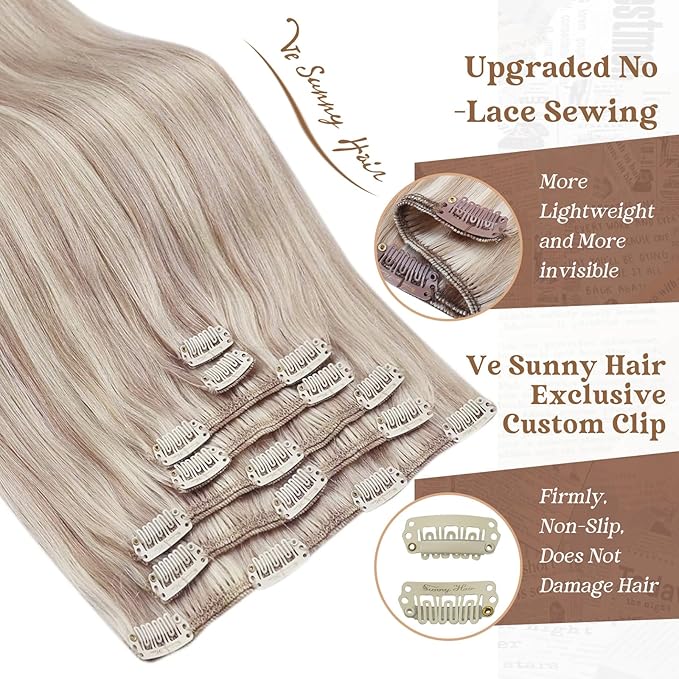 Ve Sunny Clip in Hair Extensions Real Human Hair 20inch Remy Hair Extensions for Women Real Hair Ash Blonde Highlight Bleach Blonde Hair Double Weft 7pcs 120g