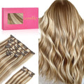 WENNALIFE Hair Extensions Clip In, 9pcs 14inch 150g Ash Brown Highlighted Golden Blonde Thicker Clip In Hair Extensions Real Human Hair Remy hair extension Double Weft Clip in Human Hair Extensions