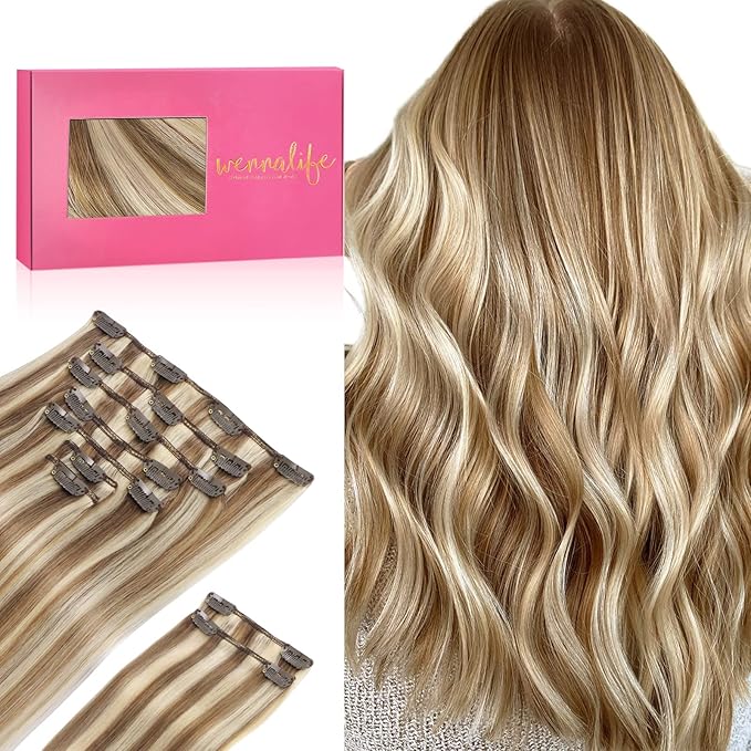 WENNALIFE Hair Extensions Clip In, 9pcs 14inch 150g Ash Brown Highlighted Golden Blonde Thicker Clip In Hair Extensions Real Human Hair Remy hair extension Double Weft Clip in Human Hair Extensions