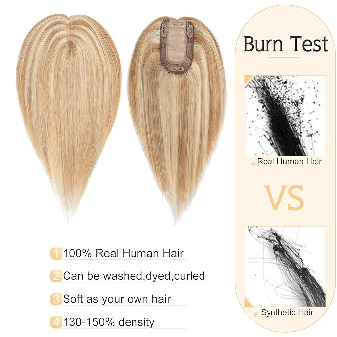 SEGO Human Hair Toppers for Women With Thinning Hair, 7 * 13CM Silk Base 100% Real Human Hair Clip in Top Wiglet Hairpieces -12 Inch No Bangs Golden Brown&Bleach Blonde