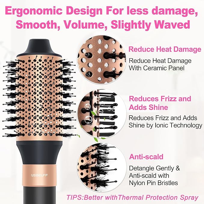 Air Styler Hair Dryer Brush - 110,000 RPM Flexible Hair Styler for Fast Drying/Rotating Curling/Volumizing/Straightening, Auto Wrap Curlers, High-Speed Oval Blow Brush Hair Dryer (Black-Brass)