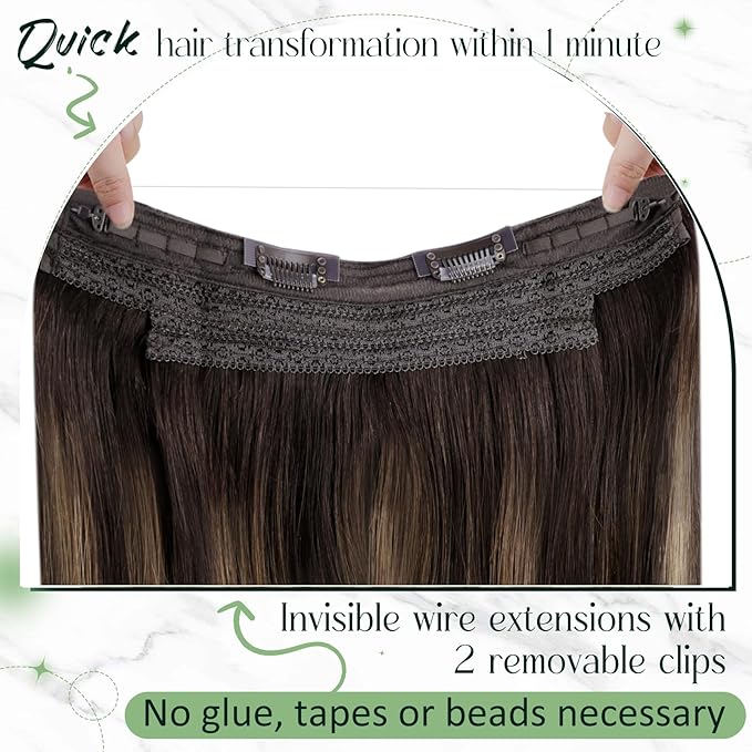 RUNATURE Wire Hair Extensions Real Human Hair 20 Inch 100g Thick Human Hair Extensions Balayage, Transparent Fish Line Extensions, Straight Smooth Natural Hair, Add Hair Volume #2/2/6