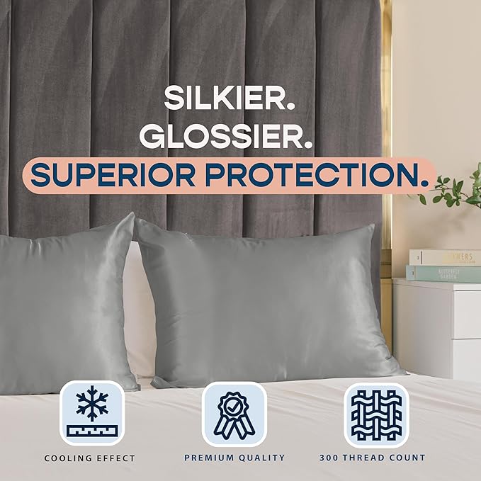 BLISSFORD Satin Pillowcase with Zipper, for Hair and Skin Care, Feels Soft and Cool Like a Silk Pillowcase, Satin Pillow Cases 2 Pack, Slik Pillow Cover, Grey, Queen Size, Set of 2