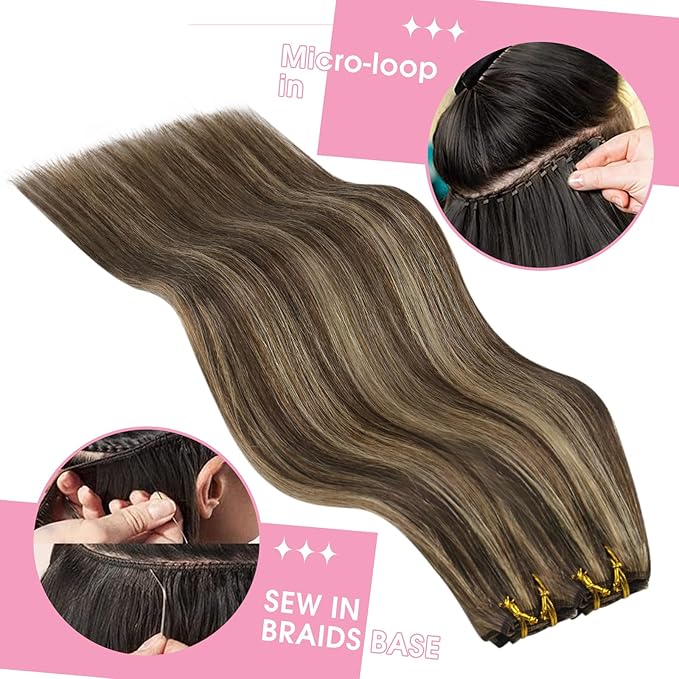 YoungSee Human Hair Weft Extensions Brown Highlight Sew in Hair Extensions Real Human Hair Dark Brown Mix Caramel Blonde Sew in Extensions Long Straight Hair 100G 24Inch