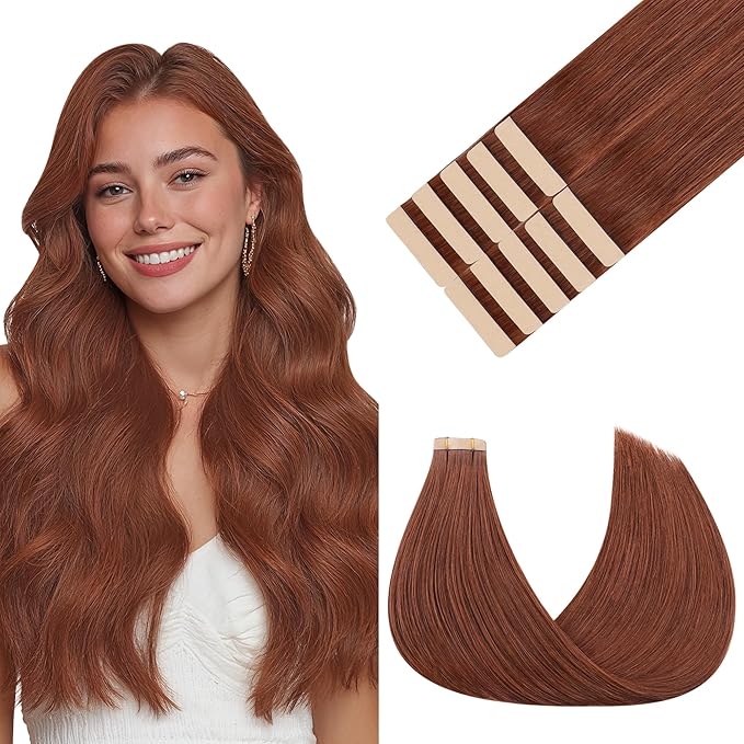 GOO GOO Tape in Hair Extensions Human Hair, #33B Dark Auburn Copper, 12inch 20g 10pcs, Skin Weft Seamless Invisible, Silky Straight with Thick Ends, Remy Human Hair