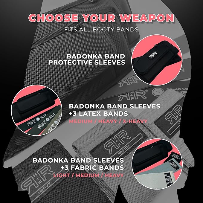 BADONKA Band Protective Sleeves for Booty Bands - Includes 3 Optional Fabric or Latex Resistance Loops - 3 Resistance Levels - Glute & Leg Workout Bands for Women & Men