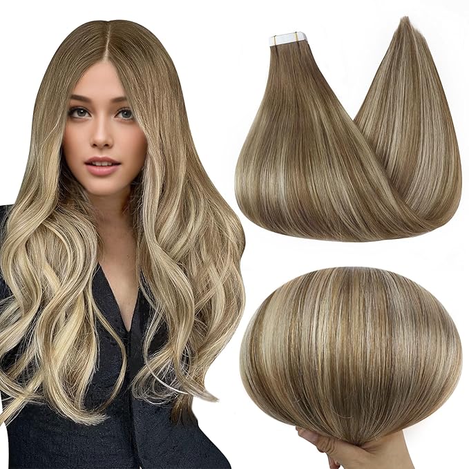 Full Shine Blonde Tape in Hair Extensions Human Hair 22Inch Hair Extensions Tape in Color 6 Fading to 6 Brown and 60 Platinum Blonde Balayage Seamless Remy Human Hair Extension 50G 20Pcs Add Volume