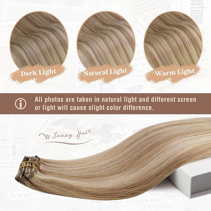Ve Sunny Clip in Hair Extensions Real Human Hair Highlights Human Hair Clip in Extensions Dark Ash Blonde Highlights Light Blonde Human Hair Extensions Clip ins for Women Quick-Apply 5pcs 12inch 80g